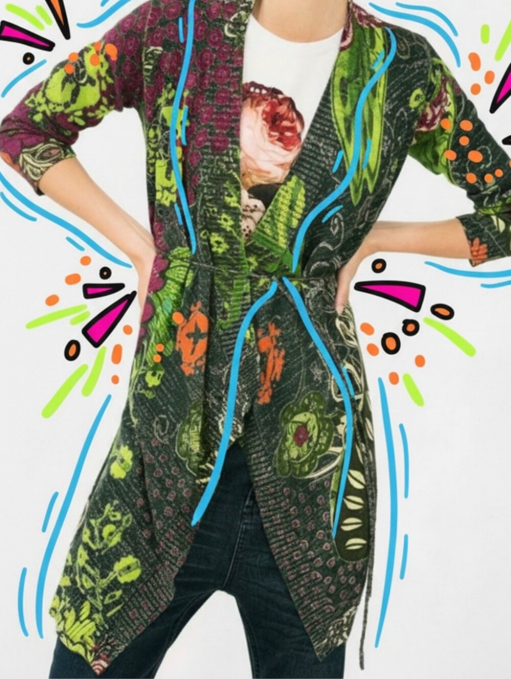 ​🌿 Desigual Botanical Floral Wrap Cardigan Sweater Tie Belt SZ GUC